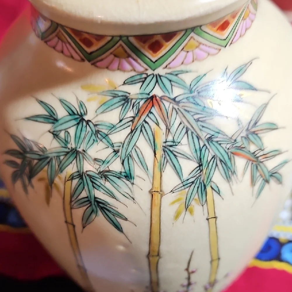 VTG Japanese Shinkozan Satsuma Handpainted Crackle Glaze Vase Birds/Blossoms #1